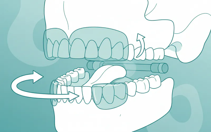 Illustration showing a custom-fitted Mandibular Advancement Device (MAD) clearly on upper and lower teeth, with an arrow indicating the forward jaw movement and another showing the open airway.