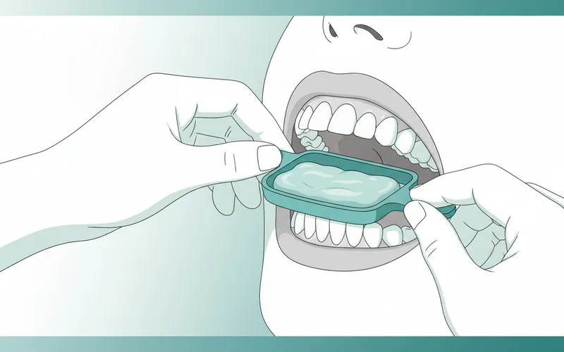 A series of illustrations showing the step-by-step process of getting an oral appliance: 1) Dentist taking dental impressions, 2) A dental lab technician fabricating a custom oral appliance, 3) A patient inserting the oral appliance into their mouth.