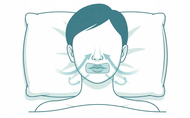 Illustration showing a person sleeping with mouth tape applied to their lips, with arrows indicating airflow through the nose and the mouth gently closed.