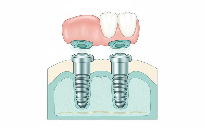 Illustration showing a cross-section of a jawbone with two dental implants, and a denture snapping onto the implants via locator attachments.
