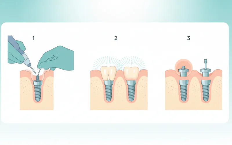 Sequential illustrations showing 1) dental implants being surgically placed into the jawbone, 2) the implants healing and fusing with the bone, and 3) abutments attached to the implants.