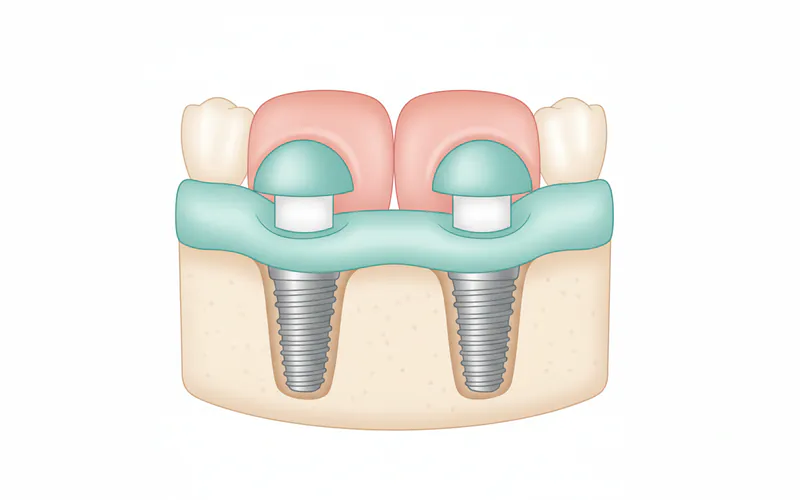 A cross-section diagram showing a snap-in denture secured onto two dental implants in the lower jaw, illustrating the denture's base, the attachment points (e.g., locator abutments), and the integrated dental implants within the jawbone.