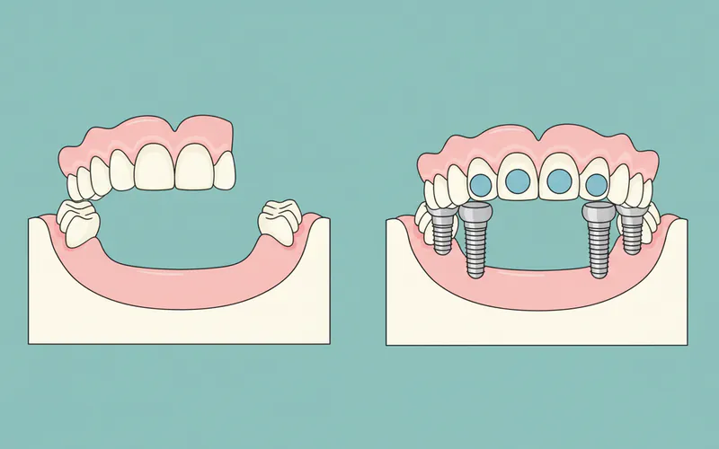 A side-by-side comparison illustrating a traditional full upper denture merely resting on the gum line, contrasted with a snap-in denture clearly showing attachment points connecting to implants within the bone.