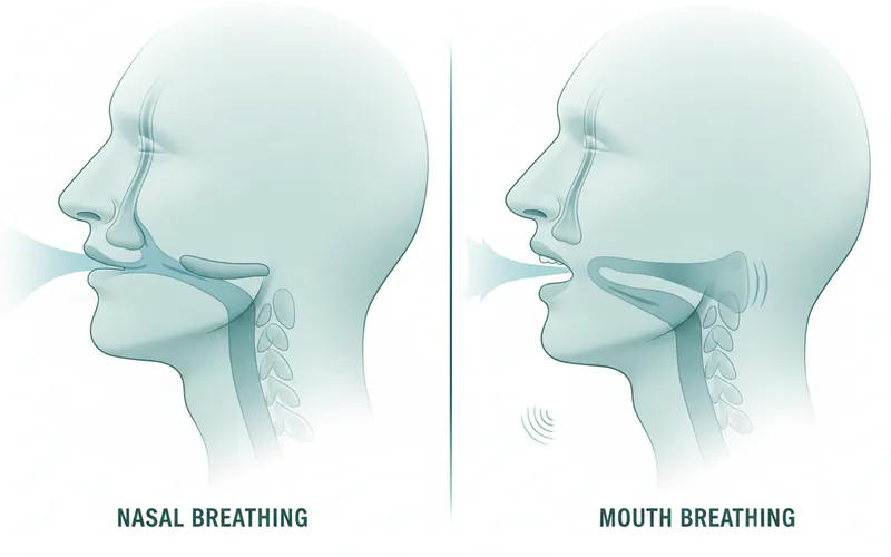 Illustration showing the difference between nasal breathing (air flowing smoothly through the nose, past stable soft palate/uvula) and mouth breathing (air flowing through the mouth, causing soft palate/uvula to vibrate and generate snoring sound).