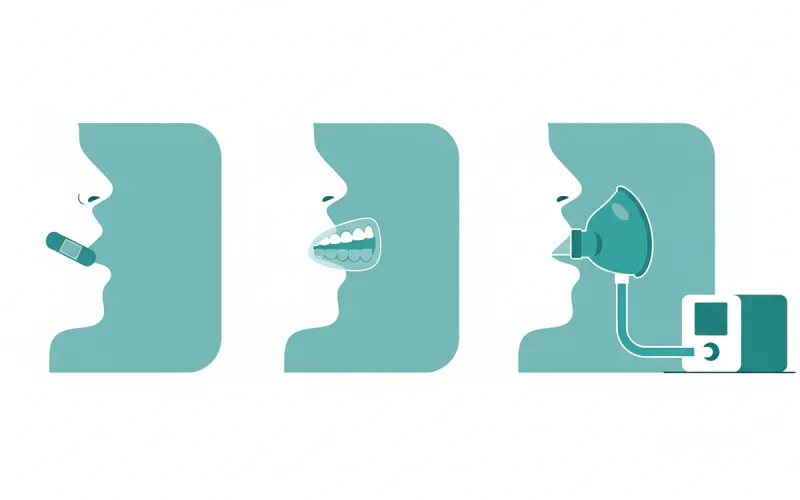 A comparison graphic illustrating mouth tape (small strip over lips), an oral appliance (custom mouthpiece), and a CPAP machine with a mask, to visually differentiate treatments.