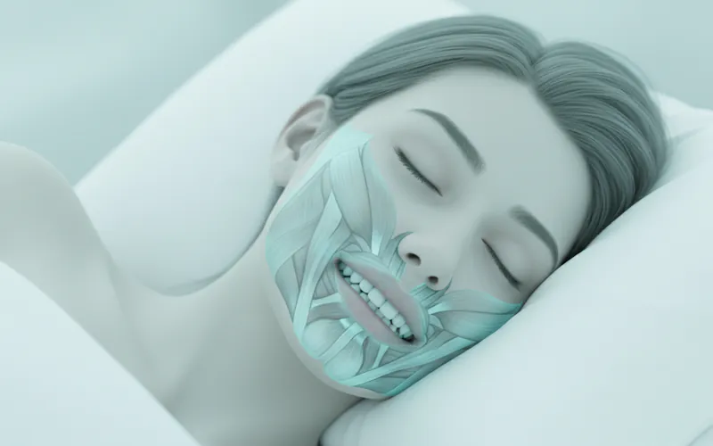 A person sleeping peacefully, but with a subtle transparent overlay showing jaw muscles clenching tightly around teeth, illustrating the hidden nature of sleep bruxism