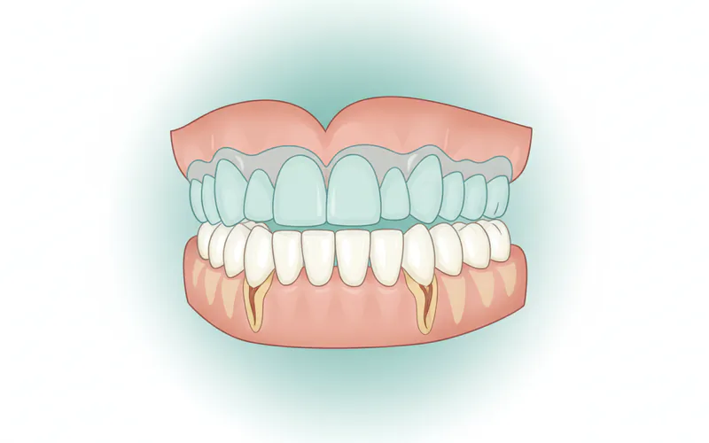A diagram showing the proper fit of a custom-made night guard on the upper dental arch, highlighting its protective barrier between upper and lower teeth