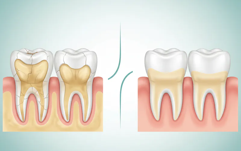 A side-by-side comparison illustrating a severely worn-down set of molars due to chronic bruxism next to a healthy, unworn set of molars.