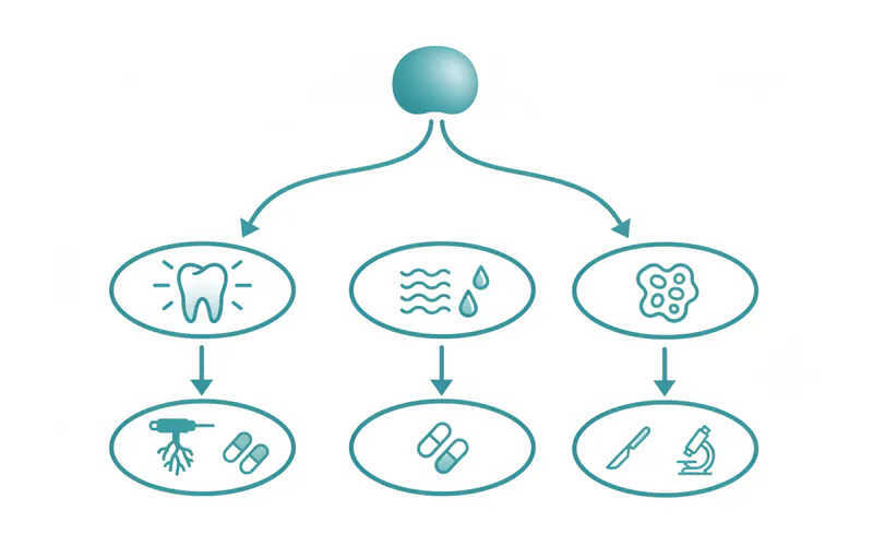A flowchart showing different causes of submandibular lymph node swelling (e.g., dental abscess, cold, cancer) leading to different treatment paths (e.g., root canal, antibiotics, biopsy).