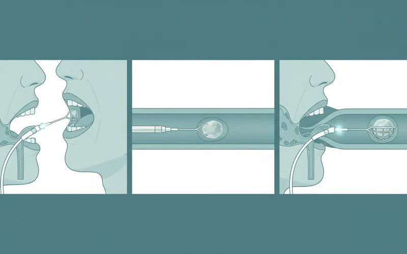 Diagram illustrating the steps of a sialendoscopy procedure, showing an endoscope entering Wharton's duct and a stone being extracted.