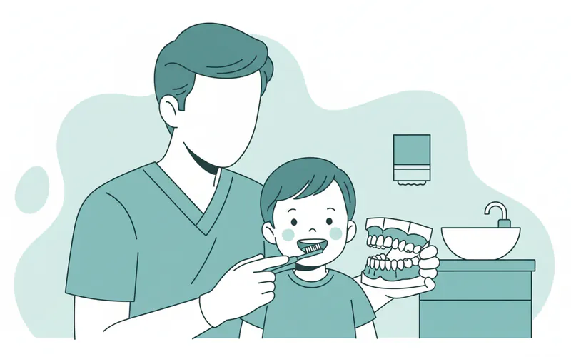 A pediatric dentist gently examining a toddler's teeth, demonstrating good oral hygiene habits with a soft toothbrush and a model of teeth.