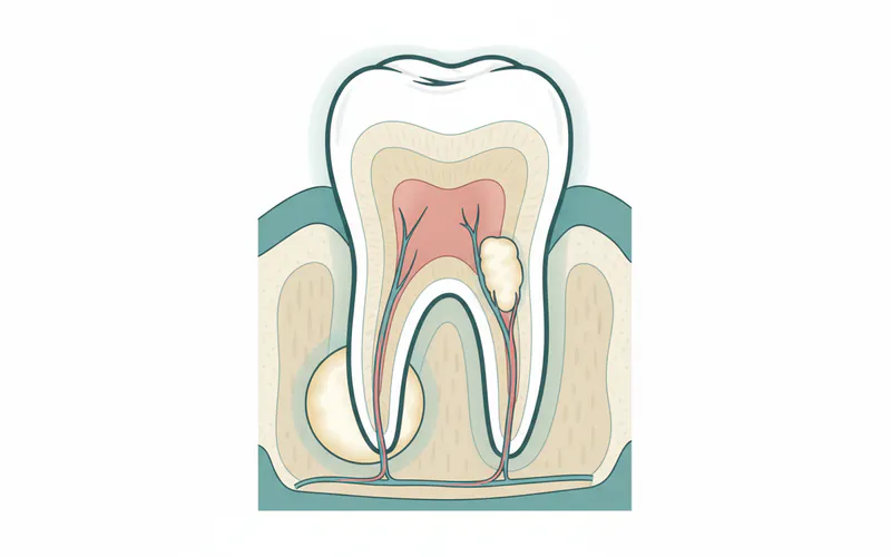 Cross-section of a tooth showing a periapical abscess at the root tip and a periodontal abscess on the side of the root, with pus indicated