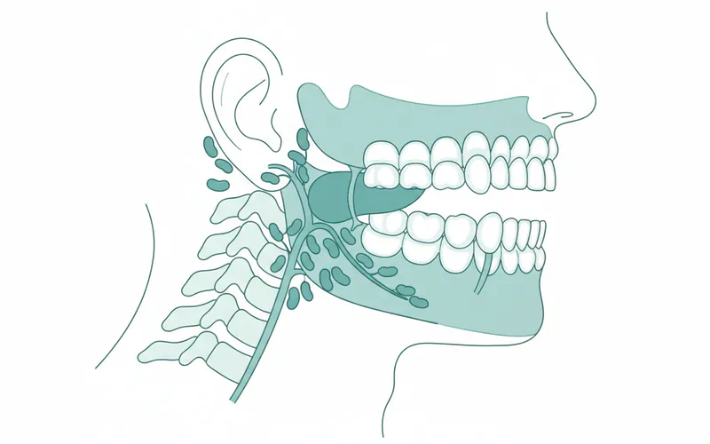 Diagram showing the location of submandibular glands, various lymph nodes in the neck and jaw area, and typical gum swelling locations