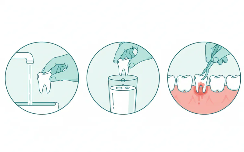 Sequence of images showing a knocked out tooth being gently rinsed, then placed into a cup of milk, and finally a dentist re-implanting it into the socket