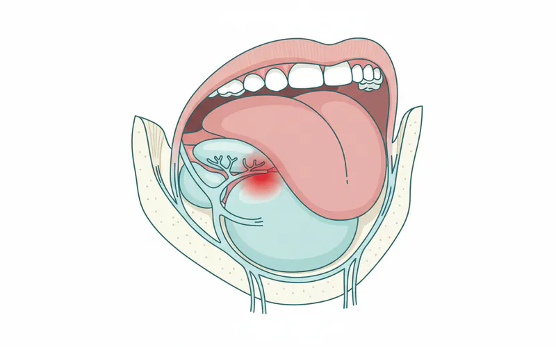 Cross-section anatomical diagram showing the floor of the mouth, highlighting the sublingual and submandibular glands, their ducts, and the surrounding structures. A small red swollen area under the tongue should be depicted.