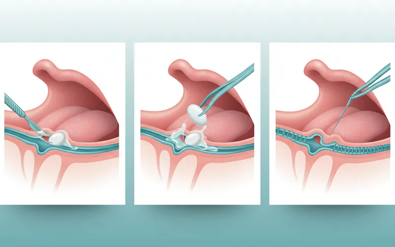 A diagram illustrating the surgical removal of a salivary stone from Wharton's duct, showing the incision, extraction of the stone, and subsequent suturing.