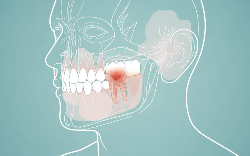 Cross-section illustration showing an infected lower wisdom tooth with pericoronitis, illustrating how swelling can extend towards the submandibular area and behind the ear.