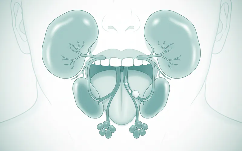 Diagram illustrating the anatomy of the salivary glands (parotid, submandibular, sublingual) and ducts, showing a salivary stone obstructing the submandibular duct.
