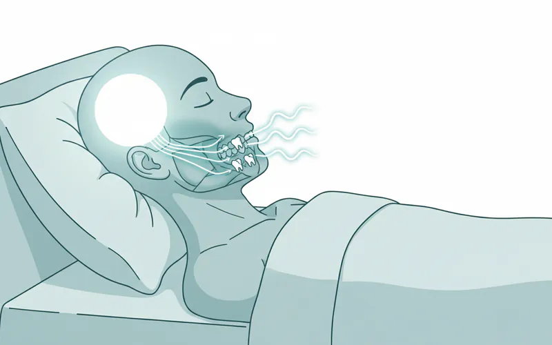 Illustration showing a person sleeping with visible jaw clenching, with lines indicating stress flowing from brain to jaw muscles, and small teeth icons showing wear and tear.