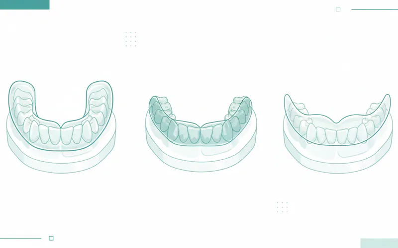 A comparative illustration showing three types of teeth clenching guards side-by-side: a bulky, transparent stock guard; a semi-translucent, slightly molded boil-and-bite guard; and a perfectly clear, thin custom-fitted hard nightguard on a dental model.