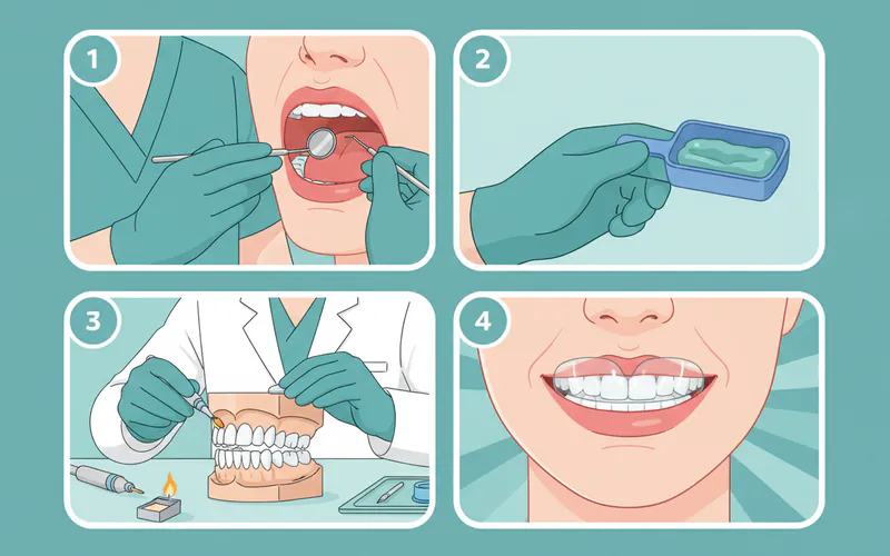 A step-by-step infographic showing the process of getting a custom nightguard: 1) Dentist examining a patient's mouth for bruxism signs; 2) Dental professional taking an impression of a patient's teeth with a tray; 3) A lab technician working on fabricating a nightguard on a dental model; 4) A patient smiling with a perfectly fitted custom nightguard in their mouth.
