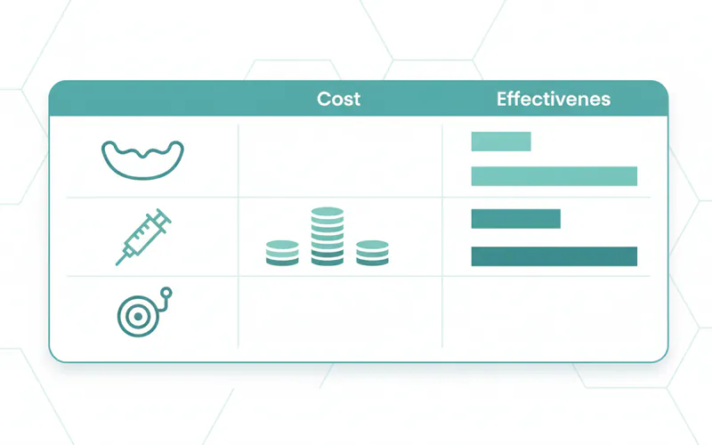 Comparison table showing different bruxism treatments, their costs, and effectiveness ratings.