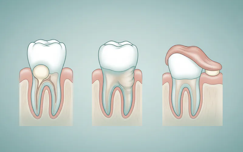 A cross-section diagram showing different types of dental abscesses: a periapical abscess at the root tip, a periodontal abscess in the gum, and an impacted wisdom tooth with pericoronitis.