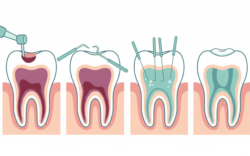 A step-by-step illustration of a root canal procedure, showing the opening of the tooth, removal of infected pulp, cleaning and shaping of canals, and filling of the canals.
