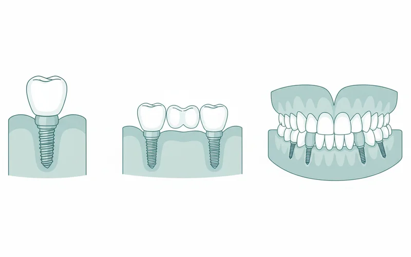A diagram showing the three main types of implant-supported restorations: a single implant with crown, a bridge supported by two implants, and a full arch fixed denture supported by multiple implants (All-on-4 style).
