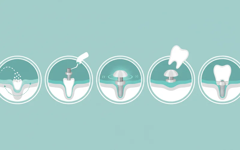 A detailed infographic illustrating the 6-step dental implant process, from initial bone grafting (optional) to implant placement, osseointegration, abutment connection, and final crown placement.