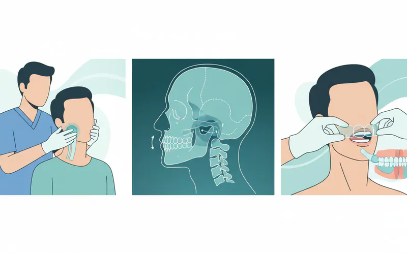 A series of illustrations depicting the diagnostic process for TMD: a dentist examining a patient's jaw, an X-ray of the TMJ, and a patient being fitted for a night guard.
