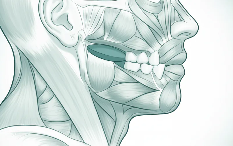 Illustration showing the anatomical components of the TMJ joint, including the condyle, temporal bone, articular disc, and surrounding muscles like the masseter and temporalis, highlighting the location of the disc.