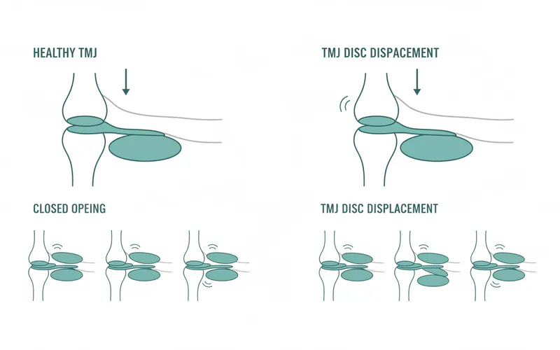 A diagram comparing the jaw movement with a healthy TMJ joint versus a TMJ joint affected by disc displacement, showing the disc's position relative to the condyle during opening and closing.