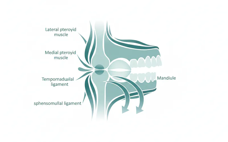 A detailed anatomical illustration of the temporomandibular joint, showing the mandible, temporal bone, articular disc, and surrounding muscles and ligaments, with arrows indicating normal jaw movement.