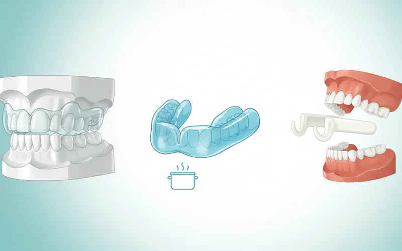 A series of images showing different types of oral appliances: a clear, custom-fitted night guard for TMJ on a dental model, a boil-and-bite mouthguard, and an anterior repositioning splint.