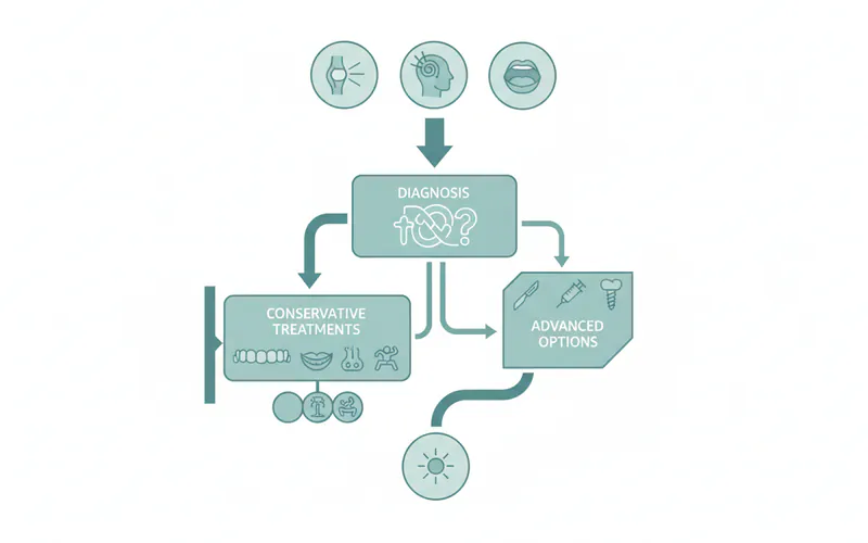 A flowchart illustrating the typical diagnostic and treatment pathway for TMD, starting from symptoms, moving through diagnosis, conservative treatments, and then to more advanced options if needed.