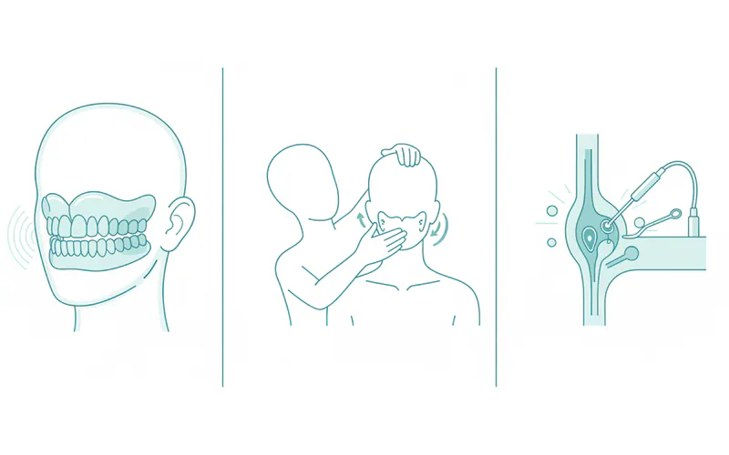 Comparison diagram showing different TMJ treatment modalities: a patient wearing an oral splint, a physical therapist performing jaw exercises, and a simplified illustration of an arthroscopic surgical procedure.