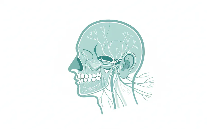 Anatomical diagram showing the temporomandibular joint (TMJ) in relation to the ear canal and facial nerves, highlighting the proximity and shared nerve pathways.