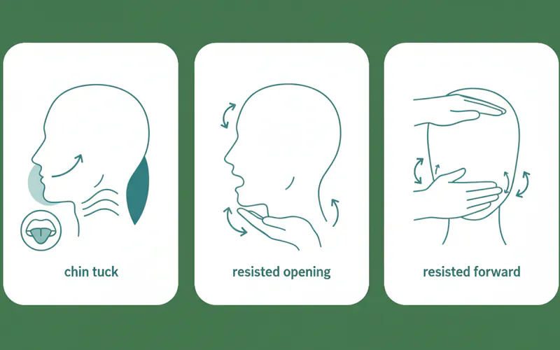 Infographic showing a sequence of 3-4 common TMJ exercises with clear instructions (e.g., chin tuck, tongue up, resisted opening)