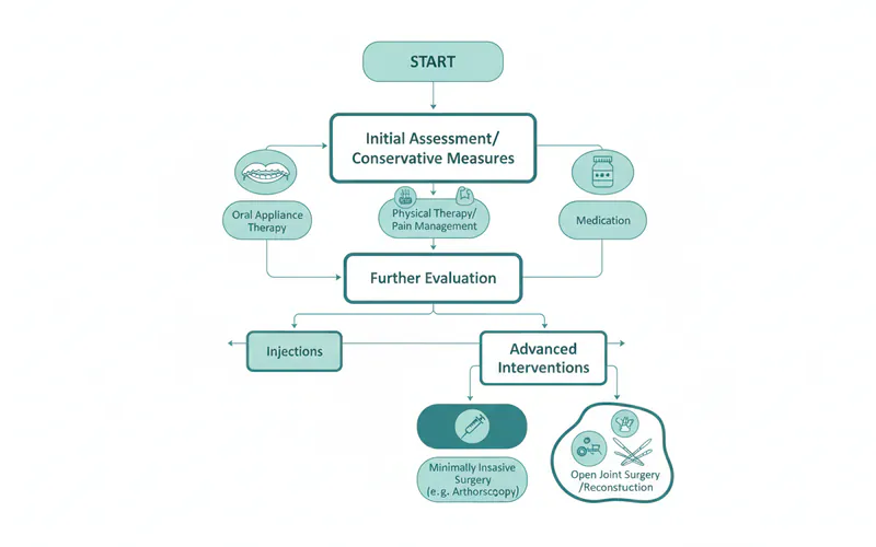 Flowchart illustrating the decision-making process for TMJ treatment, starting from conservative measures to advanced interventions