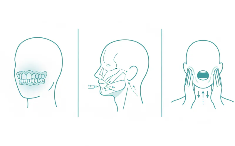 Visual comparison of various TMJ treatment modalities, such as a patient wearing an oral splint, someone receiving Botox injections, and a conceptual representation of physical therapy exercises.