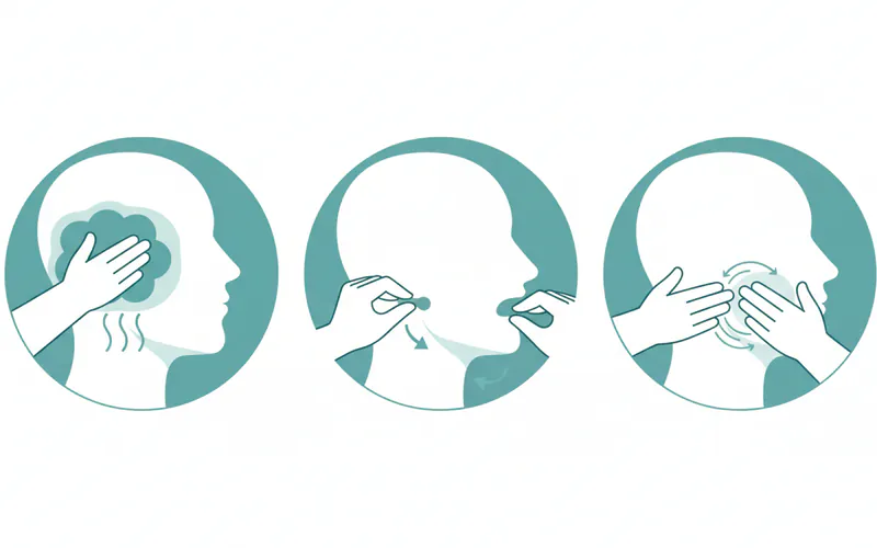 Sequential diagram depicting common self-care steps for TMJ pain relief, including warm compress application, gentle jaw stretches, and facial massage techniques.