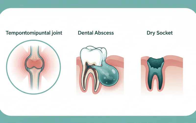 Infographic illustrating different causes of facial swelling around the jaw area, distinguishing between TMJ inflammation, dental abscess, and dry socket, with their characteristic locations and features.
