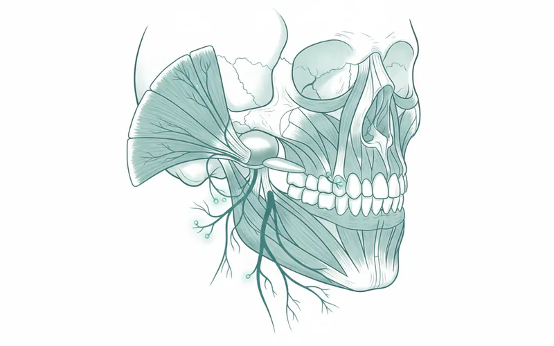 A detailed anatomical diagram showing the temporomandibular joint, including the condyle, temporal bone, articular disc, and surrounding muscles like the temporalis and masseter, highlighting the trigeminal nerve pathways.