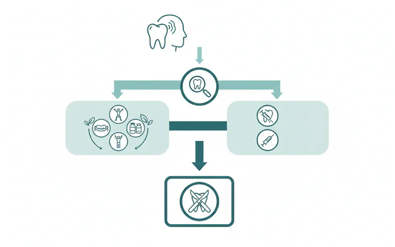 A flowchart illustrating the patient journey from initial symptoms to diagnosis, then branching into conservative treatment options (oral appliances, PT, medication) and then to advanced treatments (Botox, injections), finally leading to surgical options for severe cases.