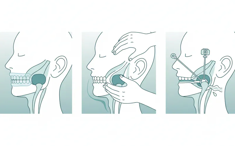 Diagram illustrating different TMJ treatment modalities: a patient wearing an oral splint, a physical therapist performing jaw massage, and a simplified representation of an arthroscopic procedure.