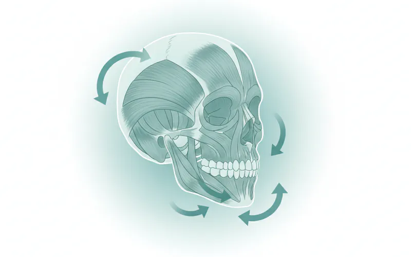 Detailed anatomical illustration showing the temporomandibular joint (TMJ) and surrounding facial and jaw muscles (masseter, temporalis, pterygoids) highlighted, with arrows indicating common areas for massage.