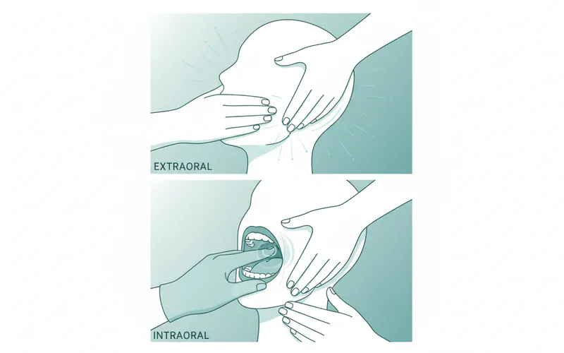 Illustration showing a physical therapist or specialized massage therapist performing both extraoral (massaging jawline/temples) and intraoral (gloved finger inside mouth, gently pressing on pterygoid muscle area) TMJ massage techniques on a patient.