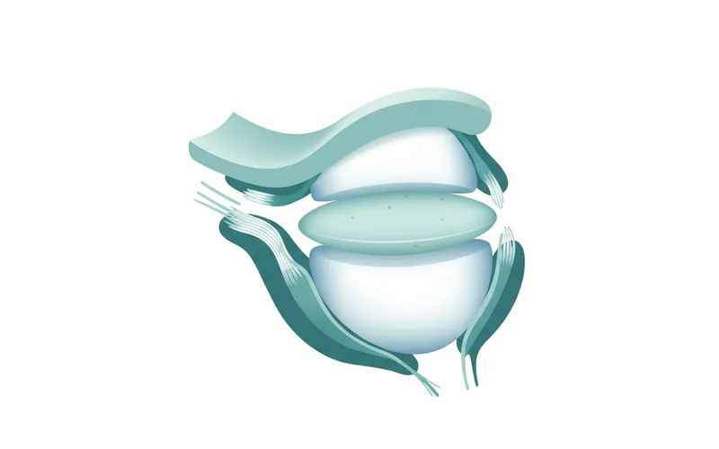 Detailed anatomical illustration of the temporomandibular joint, showing the temporal bone, condyle of the mandible, articular disc, and surrounding muscles/ligaments.