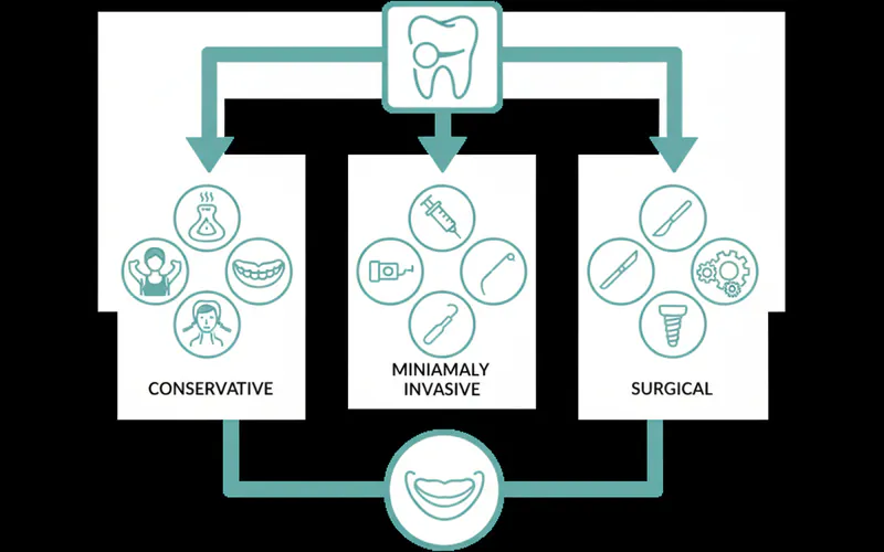 Visual representation comparing different TMJ treatment options, perhaps a flowchart showing conservative, minimally invasive, and surgical pathways with icons representing each treatment.
